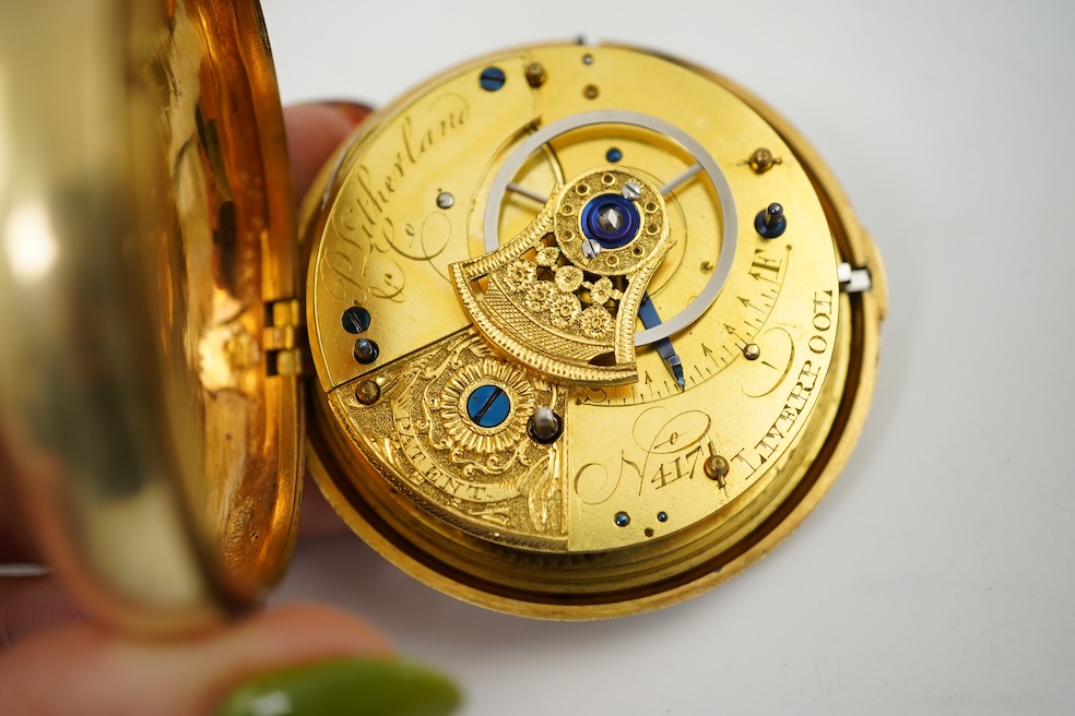 A George III silver gilt pair cased rack lever keywind pocket watch by P. Litherland & Co, Liverpool, with Roman dial and subsidiary seconds (hand missing)